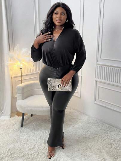 Slaydiva Plus Size Elegant Cross V-Neck Satin Bodysuit For Commuting