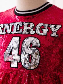 SHEIN Young Girls' Fashionable Sports Style Sequined Digital - Letter Pattern Short Sleeve Dress With Round Neck - Hot Pink - View 4