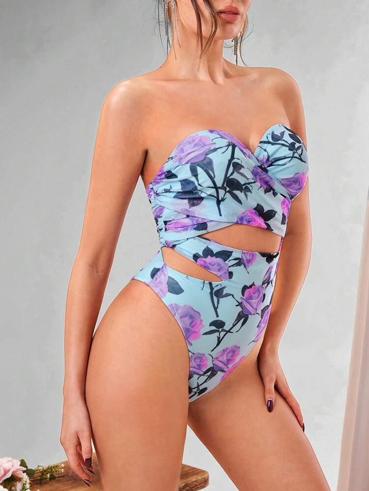 Romantic Valentine's Day Date Sheer Floral Print Strapless Hollow Out Bodysuit For Women
