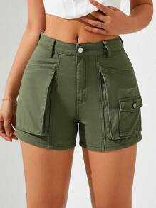 SHEIN Privé Green Cargo Denim Shorts - Army Green - View 3