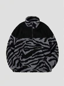 男士彩色拼接立領teddy毛絨衛衣 - 黑色 - 查看 1