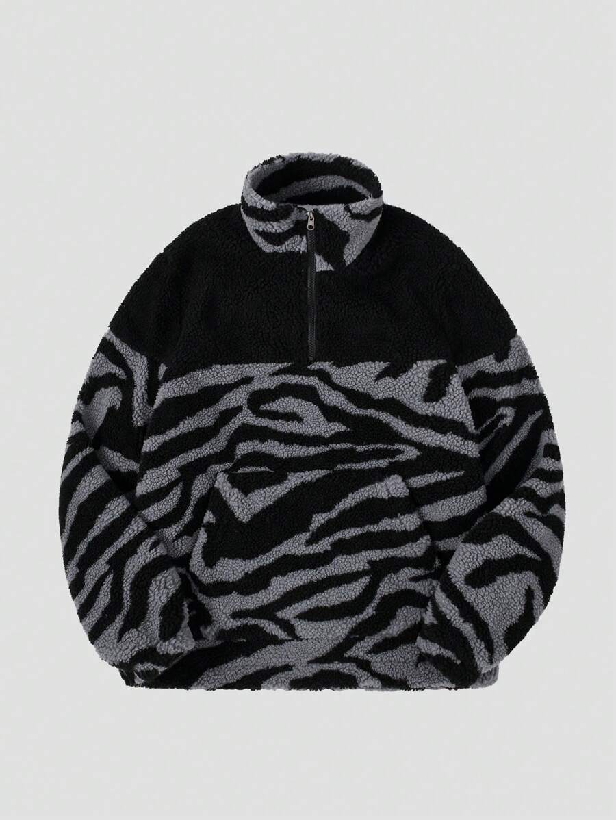 男士彩色拼接立領teddy毛絨衛衣 - 黑色 - 查看 1