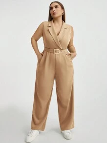 SHEIN Essnce 大尺碼女式拼接色露背無袖吊帶連體褲 - 卡其色 - 查看 5