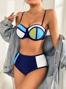 SHEIN Swim Bộ đồ bơi Colorblock mùa hè cho nữ có dây mảnh Carnival - Nhiều màu - Xem 5