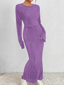 RosyDaze 女款圓領長袖上衣與魚尾下擺裙套裝 - 紫丁香色 - 查看 5