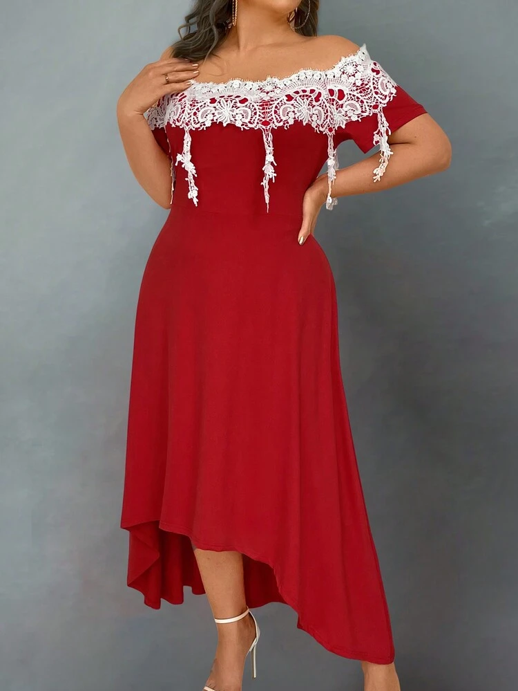 Plus Off Shoulder Guipure Lace Insert High Low Hem Dress