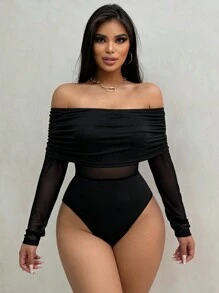 VaVaBold Của phụ nữ Off Shoulder Xếp li Tay áo dài Áo liền quần chặt - màu đen - Xem 10