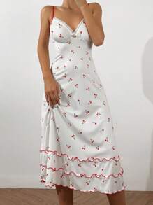 Cherry Printed Colorblock Cami Sleep Dress Pajama Dress Sun Dress Long Dress