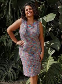 SHEIN LUNE Plus Size Hollow Out Knit Side Slit Sleeveless Sweater Dress - Multicolor - View 3