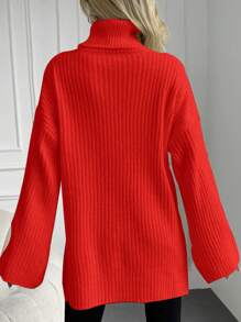 EURMUSE High Neck Drop Shoulder Split Hem Sweater - Red - View 2