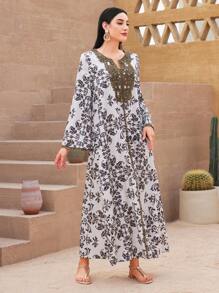 Al Najma Printed Patchwork Water Soluble Lace Notch Neck Jalabiya - Multicolor - View 5