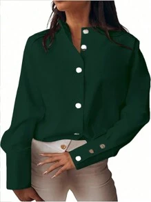 SHEIN LUNE Rozmiar Plus Damski Jednolity kolor Długi Rękaw Koszula - Ciemnozielony - Zobacz 3