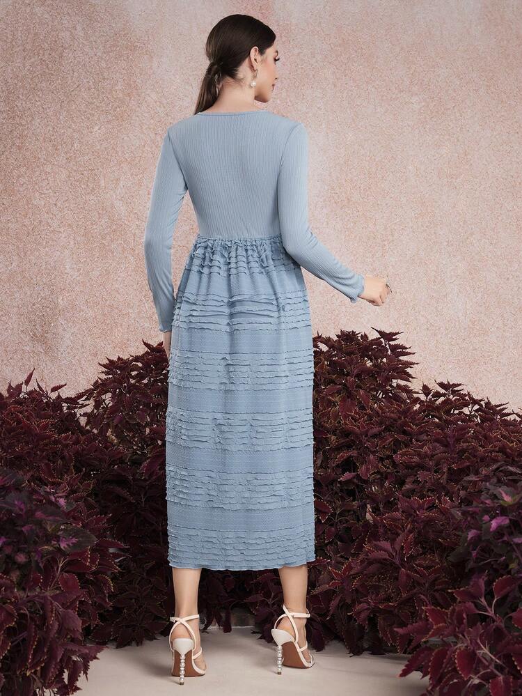 Ladies' Textured Dress With Waist Cinching Feature Long Evening Dresses