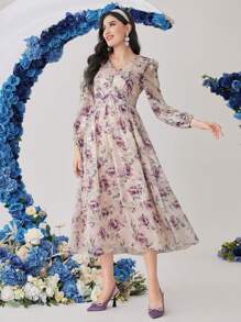 Modelyn Women's Floral Print Lantern Sleeve Dress Maxi Women Outfit - Multicolor - View 5