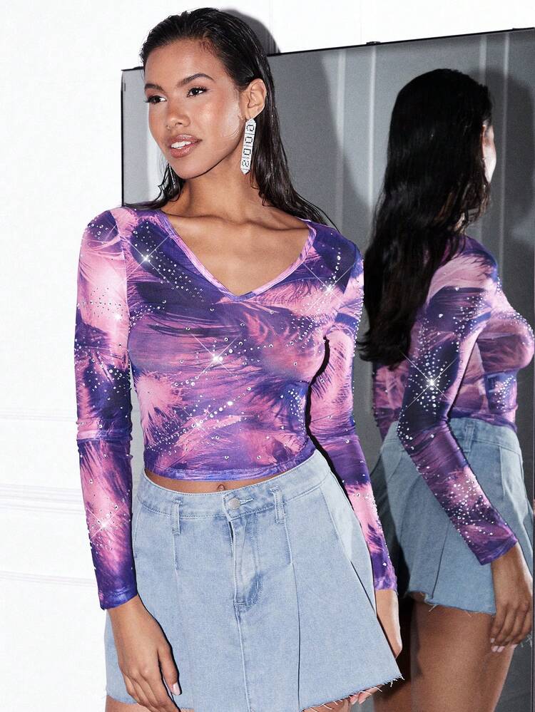 Women's Purple Rhinestone See-Through Tie-Dye Slim Fit Street-Wear Top