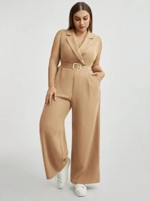SHEIN Essnce 大尺碼女式拼接色露背無袖吊帶連體褲 - 卡其色 - 查看 1