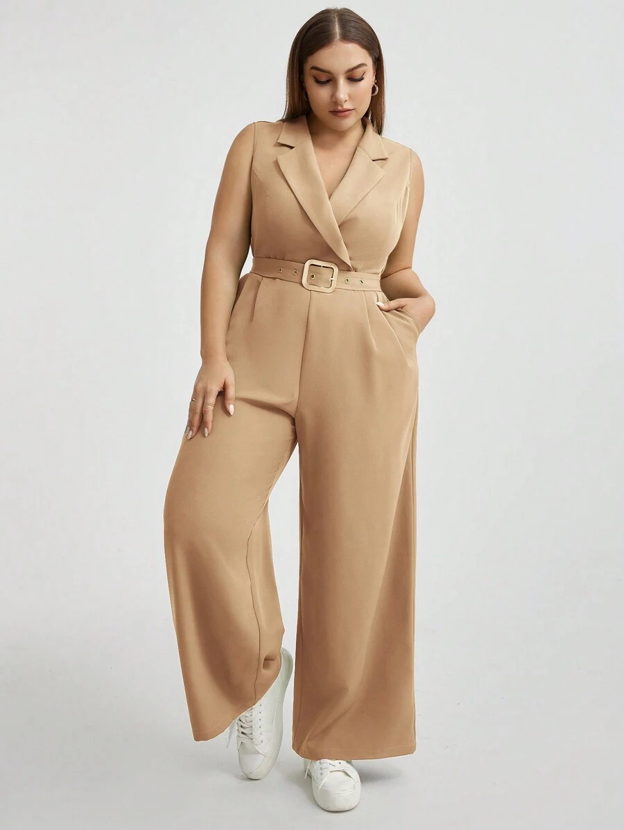 SHEIN Essnce 大尺碼女式拼接色露背無袖吊帶連體褲 - 卡其色 - 查看 1