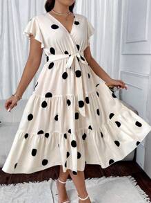 Celure Plus Size Polka Dot Print V-Neck Ruffle Sleeve Dress - Black and White - View 1