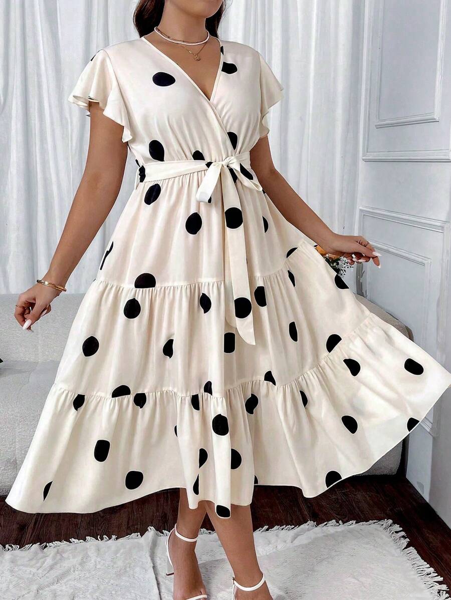 Celure Plus Size Polka Dot Print V-Neck Ruffle Sleeve Dress - Black and White - View 1