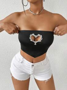 SHEIN Slayr Của phụ nữ Không tay Cổ Trái tim Đồ trang trí Rhinestone Xu hướng: Cắt giảm Áo ba lỗ - màu đen - Xem 1