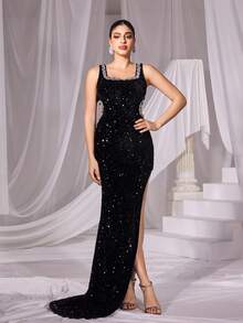 Faeriesty 水钻装饰开叉大腿亮片派对连衣裙 - 黑色 - 查看 5