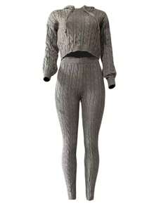 Women's Drawstring Hoodie And Pants Two-Piece Set - Grey - View 3
