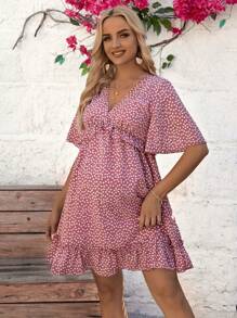 SHEIN Maternity Floral Print V-Neck Bell Sleeve Dress - Pink - View 5