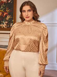 Modelyn Plus Size Women's Leopard Print Jacquard Puff Sleeve Shirt - Camel - View 3