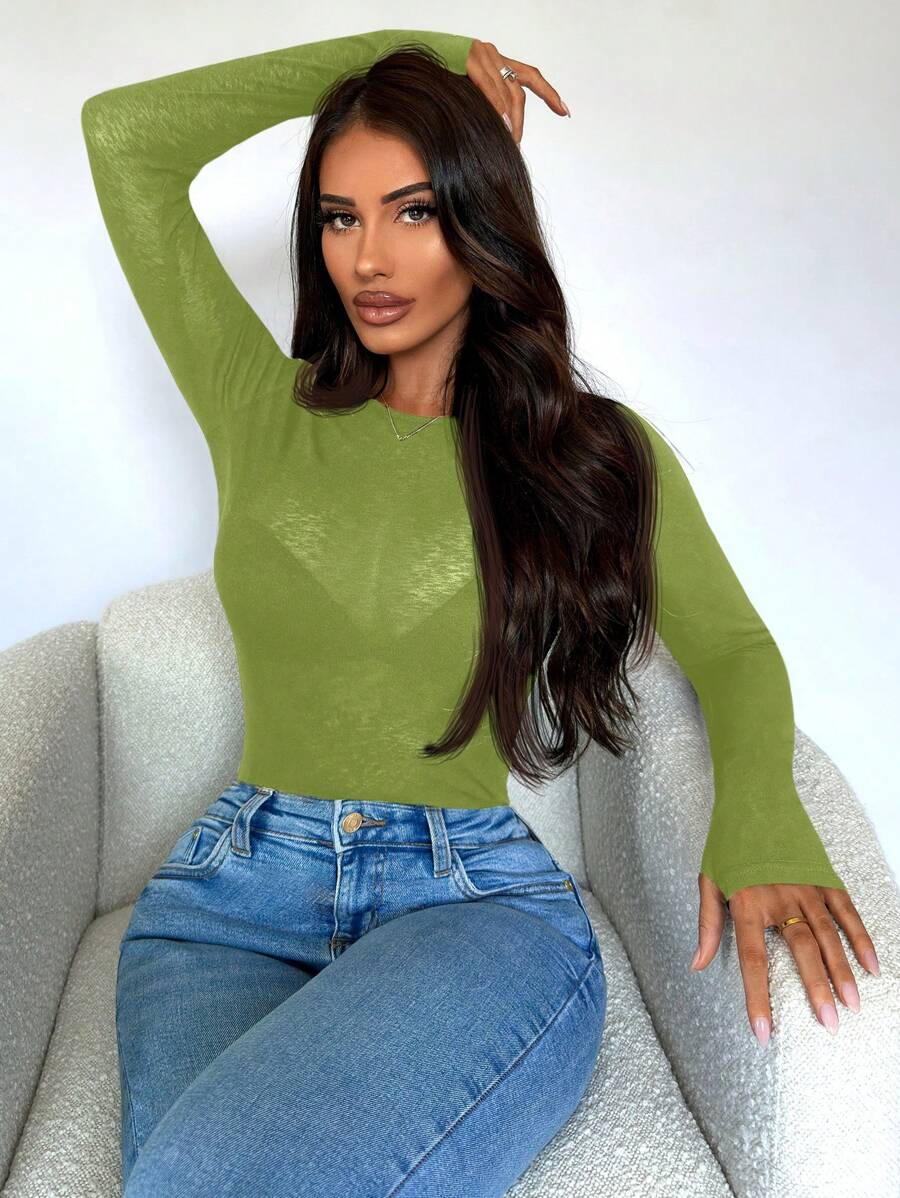 SHEIN SXY Women's Solid Color Perspective Slim Fit Long Sleeve Top - Green - View 1