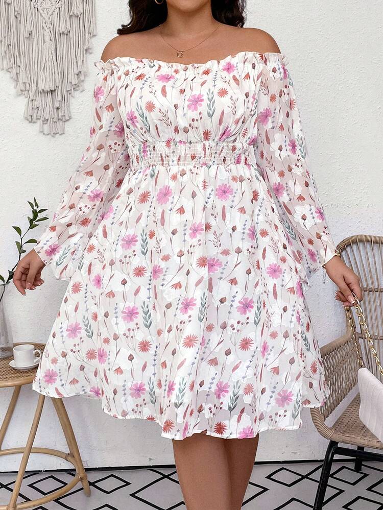Plus Size Women's Off-Shoulder Floral Printed Dress Fall Cloth For Women