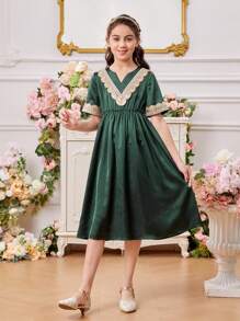 SHEIN 少女優雅風格洋裝,剪裁領口,編織腰帶裝飾 - 墨綠色 - 查看 5