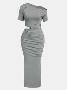 SHEIN Essnce 純色肋編不對稱領口中空打褶裙 - 灰色 - 查看 1