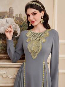 Al Najma Women's Woven Straps Splicing Dress, Modest - Grey - View 3