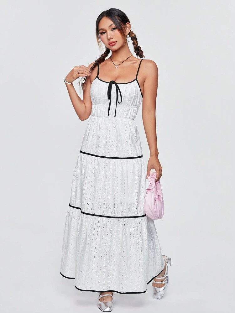 Ladies' Color-Block Border, Multi-Layer Splice, Broken Pleat, Raised Flower, Cami Dress