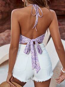 SHEIN VCAY Của phụ nữ Hoa Halter Neck Áo - Màu tím - Xem 2