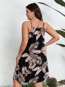 SHEIN VCAY 大尺碼春夏假期佩戴割出叉交叉裝飾元素葉子剪影花朵領口連衣裙 - 彩色 - 查看 3