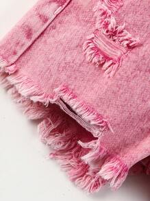 SHEIN Young Girls' Distressed Frayed Hem Denim Shorts, School, Campus, College - Baby Pink - View 3