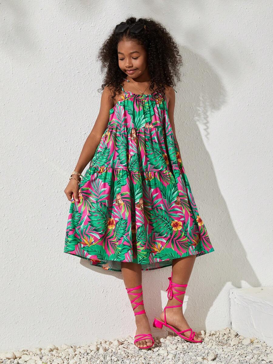 SHEIN Tween Girls' Casual Loose Fit Tropical Plant Printed Spaghetti Strap Dress, Spring/Summer - Hot Pink - View 1