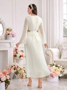 Al Najma Women's Bead Embellished Embroidery Square Neck Arabian Dress, Modest - Apricot - View 2