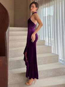 Aloruh 女式荷葉邊分開式前開衩領口連衣裙 - 紫色 - 查看 4