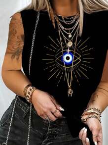 SHEIN LUNE Plus Size Women's Evil Eye Printed Tank Top - Black - View 1