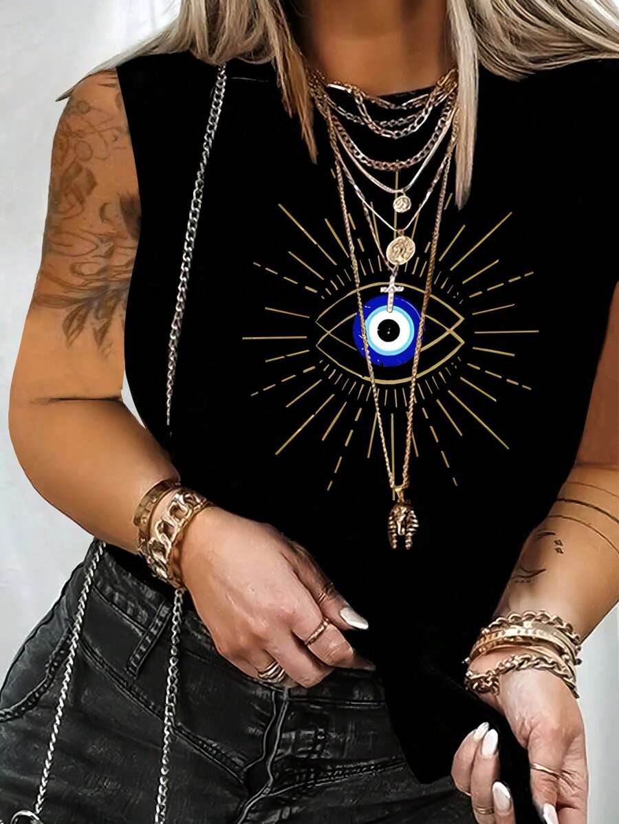 SHEIN LUNE Plus Size Women's Evil Eye Printed Tank Top - Black - View 1