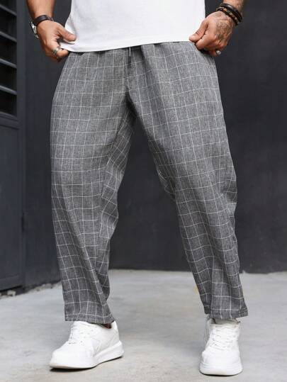 Manfinity Homme Pantaloni cu șnur imprimați cu model de grilă pentru bărbați, pantaloni de lucru în carouri, pantaloni obișnuiți cu picioare drepte, pentru cadouri pentru soț, iubit