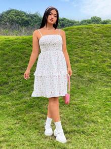 SHEIN Qutie Plus Size Women's Spring Floral Print Ruffled Cami Umbrella Dress - Multicolor - View 1