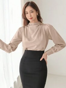 DAZY 纯色立领褶皱长袖衬衫，秋装 - 杏色 - 查看 3