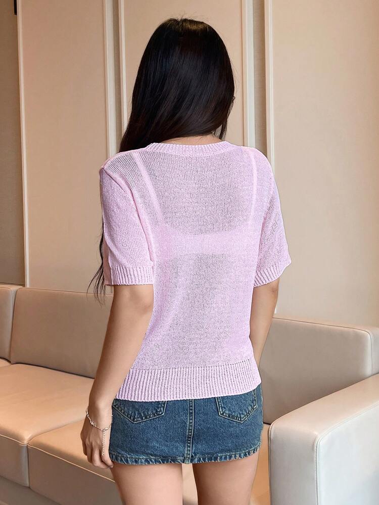 Solid Color Hollow Out Short Sleeve Knitted Top