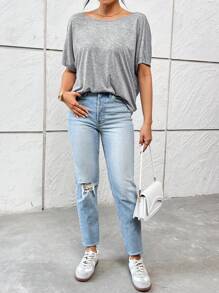 SHEIN Essnce Women's Summer Casual Grey Backless Twisted Knot T-Shirt - Grey - View 6