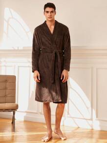 Men'S Plush Home Robe - Coffee Brown - View 3