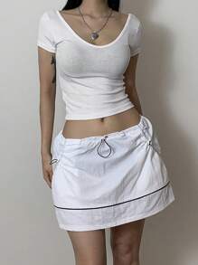 DAZY Women's Short Sleeve Solid Color Rib-Knit Crop T-Shirt - White - View 7