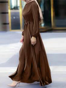 女士时尚圆领长袖束带连衣裙